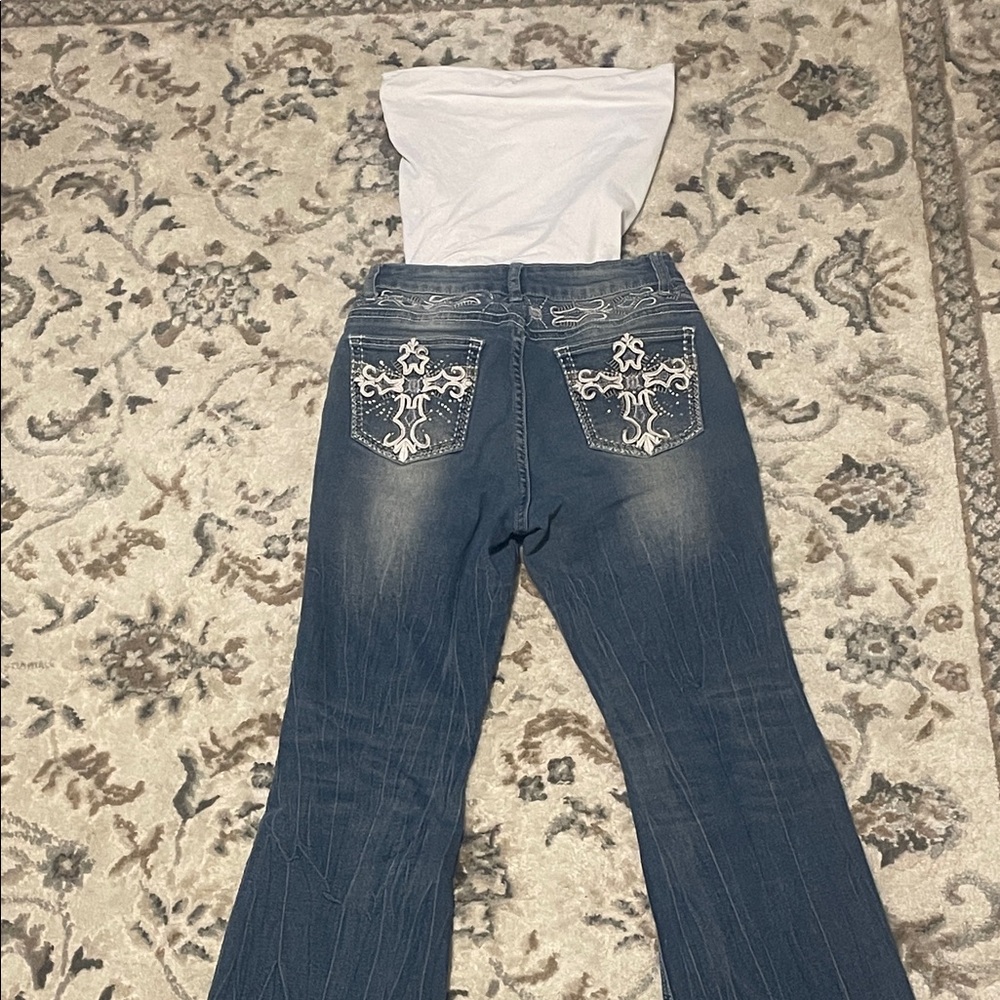 Denim Chic Outfit Set – White Tube Top + Embellished Bootcut Jeans